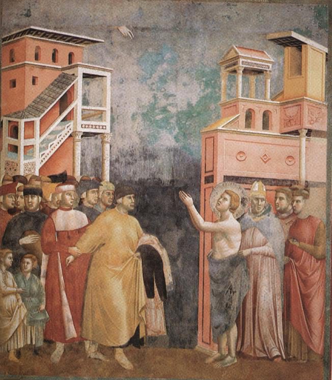 Young Francis gives back his clothes to his father before the bishop